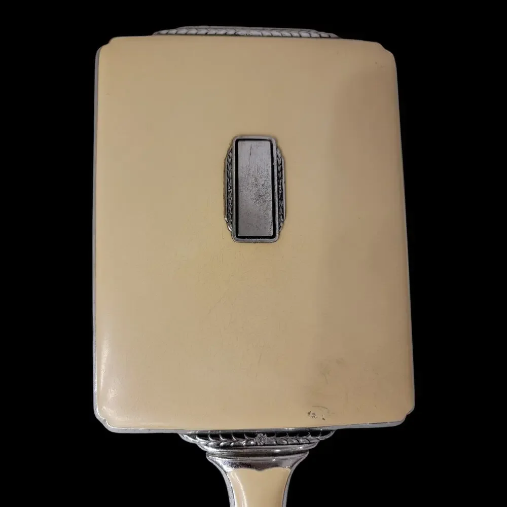 Vintage Cream Lucite Hand Mirror Silver-Tone Floral Frame Monogram Plate 14